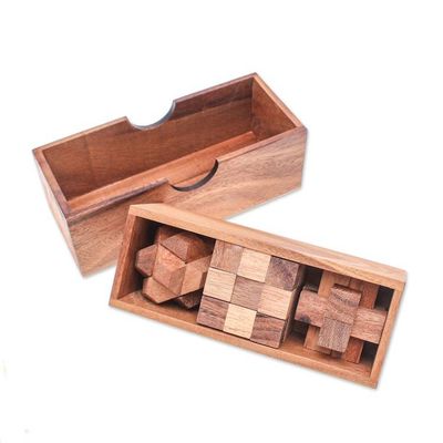 Alternate image for Set of 3 Raintree and Rubberwood Puzzles with Storage Box Game Time