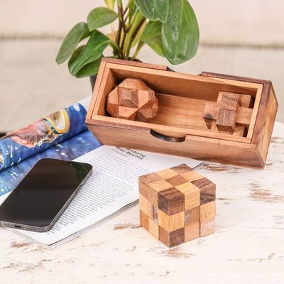 Alternate image for Set of 3 Raintree and Rubberwood Puzzles with Storage Box Game Time