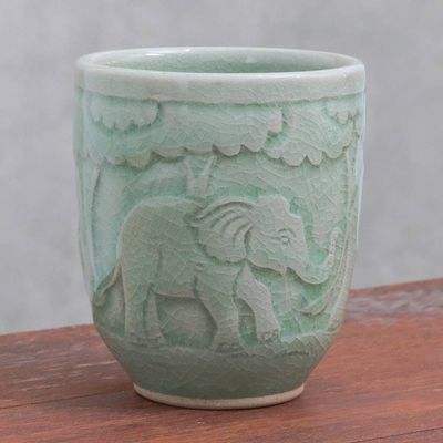 Alternate image for Elephant-Themed Celadon Ceramic Teacup from Thailand Elephant Forest
