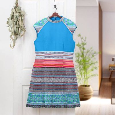 Alternate image for Hmong Hill Tribe-Inspired Cotton Blend Light Blue Dress Light Blue Heirloom