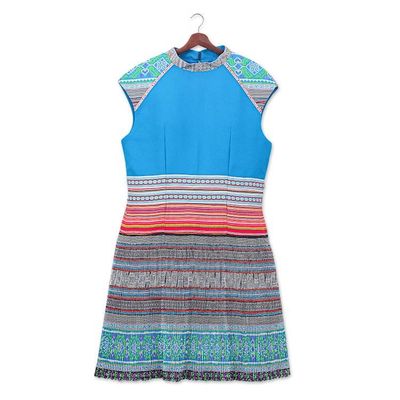 Alternate image for Hmong Hill Tribe-Inspired Cotton Blend Light Blue Dress Light Blue Heirloom