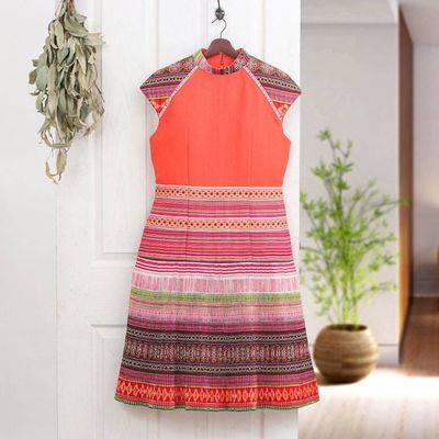 Alternate image for Hmong Hill Tribe-Inspired Cotton Blend Orange Sheath Dress Orange Heirloom