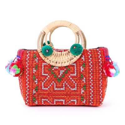 Alternate image for Hill Tribe Cotton and Natural Fiber Handle Bag with Pompons Hill Tribe Allure