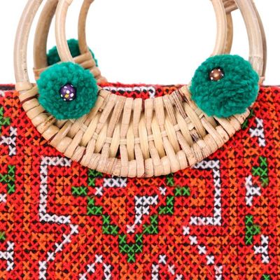 Alternate image for Hill Tribe Cotton and Natural Fiber Handle Bag with Pompons Hill Tribe Allure