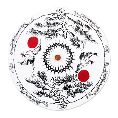 Alternate image for Traditional Crane-Themed Cotton and Bamboo Parasol in White Immortal Cranes
