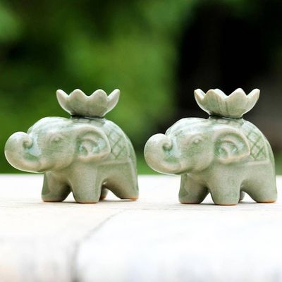Alternate image for Elephant and Lotus Ceramic Incense Holders from Thailand 2 Lotus Elephant