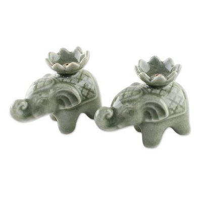 Alternate image for Elephant and Lotus Ceramic Incense Holders from Thailand 2 Lotus Elephant