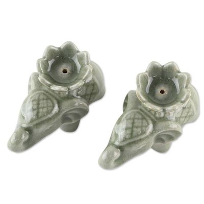 Alternate image for Elephant and Lotus Ceramic Incense Holders from Thailand 2 Lotus Elephant