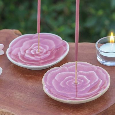 Alternate image for Handcrafted Rose-Shaped Pink Ceramic Incense Holders Pair Dear Pink