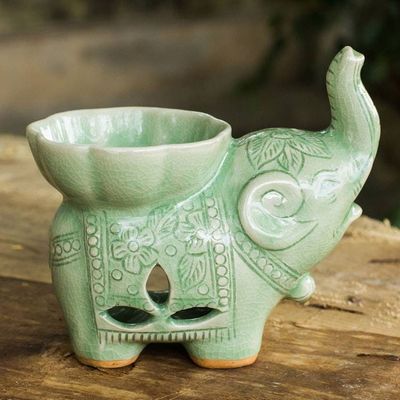 Alternate image for Handmade Light Green Celadon Ceramic Elephant Oil Warmer Time to Relax