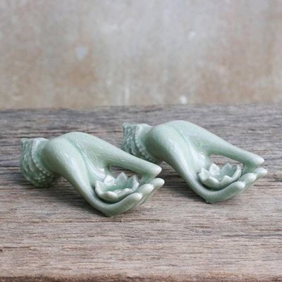 Alternate image for Light Green Celadon Incense Holders Set of 2 from Thailand Thai Dance Hands