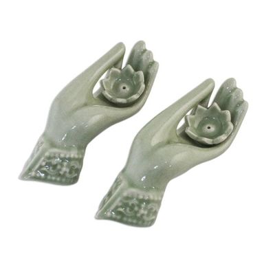 Alternate image for Light Green Celadon Incense Holders Set of 2 from Thailand Thai Dance Hands