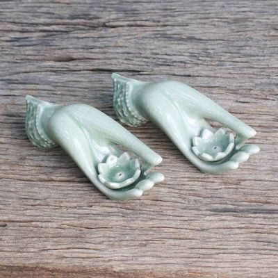 Alternate image for Light Green Celadon Incense Holders Set of 2 from Thailand Thai Dance Hands