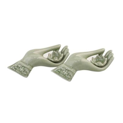 Alternate image for Light Green Celadon Incense Holders Set of 2 from Thailand Thai Dance Hands