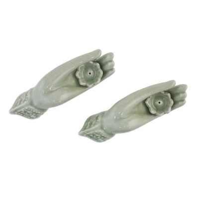 Alternate image for Light Green Celadon Incense Holders Set of 2 from Thailand Thai Dance Hands