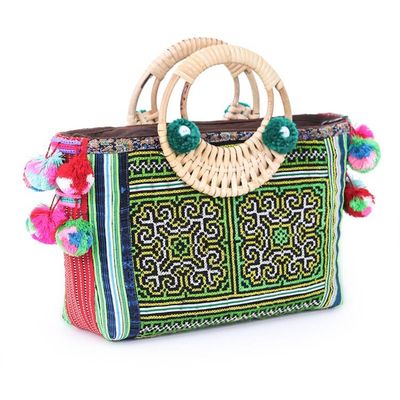 Alternate image for Thai Traditional Green Cotton and Natural Fiber Handle Bag Hmong Harmony