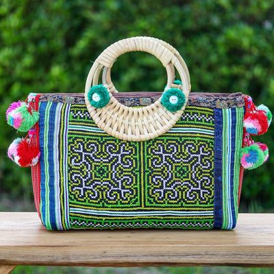 Alternate image for Thai Traditional Green Cotton and Natural Fiber Handle Bag Hmong Harmony