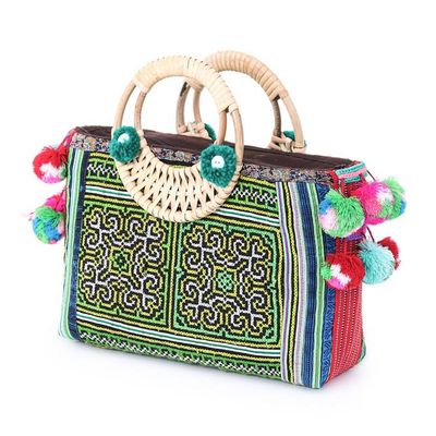 Alternate image for Thai Traditional Green Cotton and Natural Fiber Handle Bag Hmong Harmony