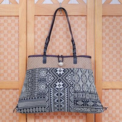 Alternate image for Cotton Blend Geometric-Motif Shoulder Bag Shopping Day in Black