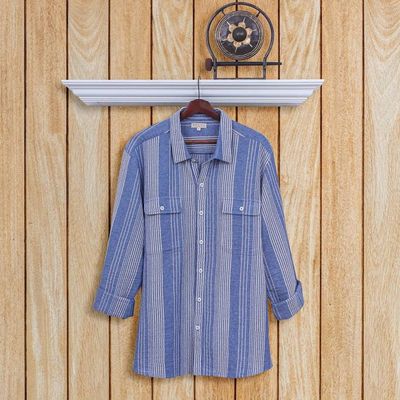 Alternate image for Mens Striped Blue and White Cotton Collared Shirt Stylish Staple in Blue