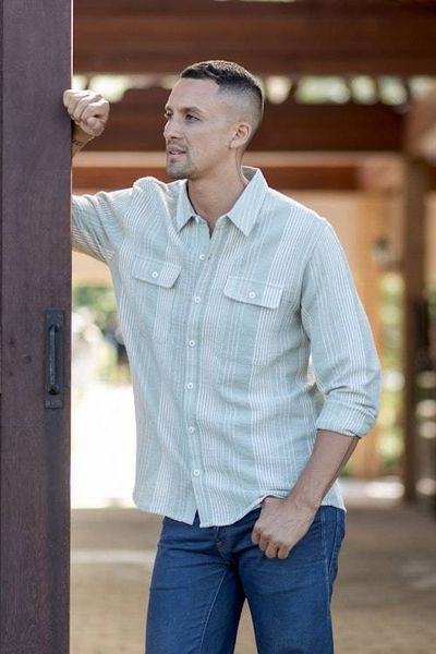 Alternate image for Mens Striped Soft Green and White Cotton Collared Shirt Stylish Staple in Fern