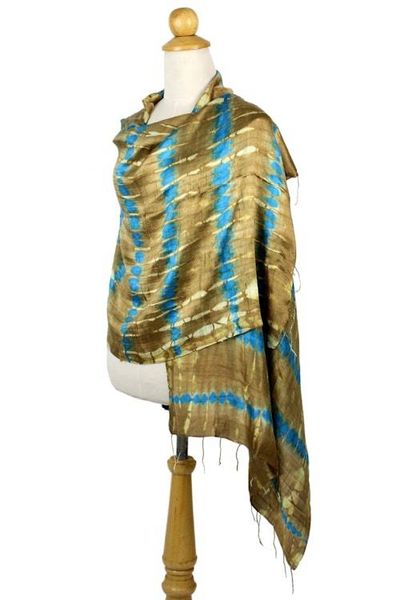 Alternate image for Tie-Dyed Silk Shawl in Sand and Cyan Stripes from Thailand Shifting Sands
