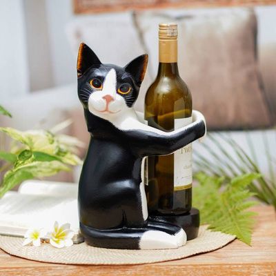 Main image for Hand Carved Black and White Cat Figurine Wine Holder Kitty Clasp