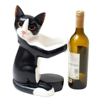Alternate image for Hand Carved Black and White Cat Figurine Wine Holder Kitty Clasp