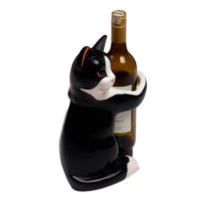 Alternate image for Hand Carved Black and White Cat Figurine Wine Holder Kitty Clasp