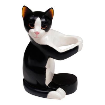 Alternate image for Hand Carved Black and White Cat Figurine Wine Holder Kitty Clasp