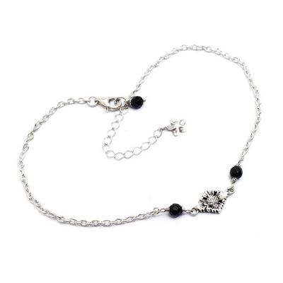 Alternate image for Floral-Themed Black Onyx Sterling Silver Pendant Anklet Black Balinese Plumeria