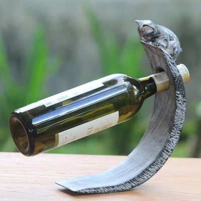 Main image for Handcrafted Suar Wood Cat Bottle Holder in Black and White Peeking Kitten