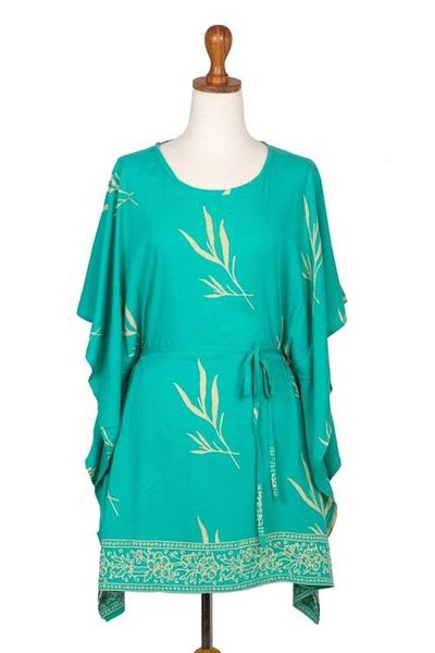 Alternate image for Batik Rayon caftan in Turquoise and Lemon Balinese Breeze in Turquoise