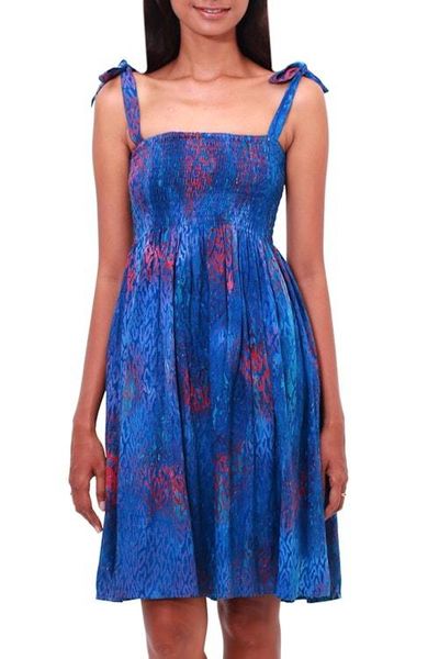 Alternate image for Batik Motif Rayon Sundress in Blue and Crimson from Bali Rainy at Dawn