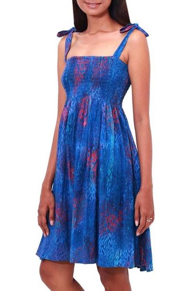 Alternate image for Batik Motif Rayon Sundress in Blue and Crimson from Bali Rainy at Dawn