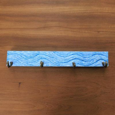 Main image for Handcrafted Balinese Blue Teak Wood Coat Rack Hanger Beach Waves in Blue