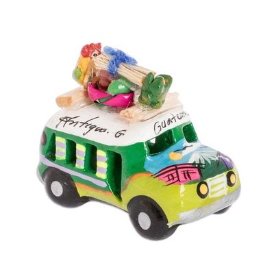 Alternate image for Min Ceramic Bus Figurine in Greens from Guatemala Two Tone Green Old Time Bus