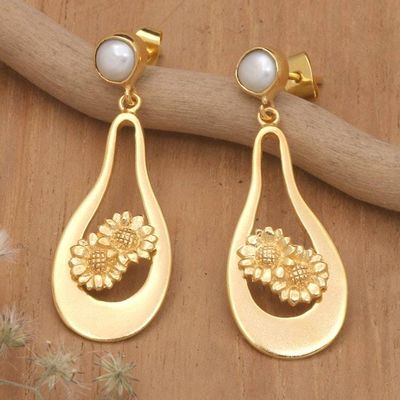 Main image for 18k Gold-Plated Floral Grey Cultured Pearl Dangle Earrings Together in Spring