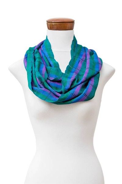 Alternate image for Striped Green Blue Purple Hand-Loomed Rayon Infinity Scarf Colorful Elegance
