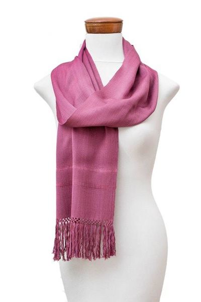Alternate image for Guatemalan Hand-Woven Fringed Rayon Scarf in Purple Hue Sweet Reflections