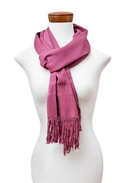 Alternate image for Guatemalan Hand-Woven Fringed Rayon Scarf in Purple Hue Sweet Reflections