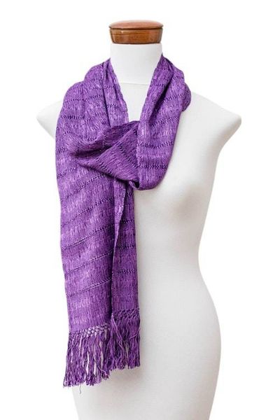 Alternate image for Handwoven Textured Purple Rayon Scarf with Fringed Ends Purple Perfection