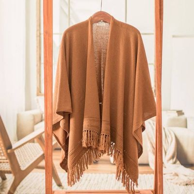 Alternate image for Brown Cotton Ruana with Fringes Handloomed in Guatemala Ancestral Ginger