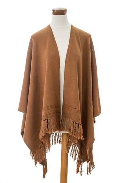 Alternate image for Brown Cotton Ruana with Fringes Handloomed in Guatemala Ancestral Ginger
