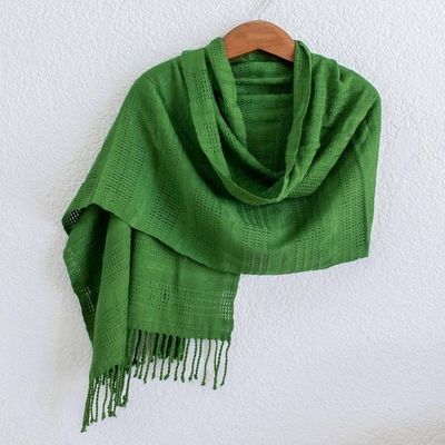 Alternate image for Guatemala Backstrap Handwoven Apple Green Rayon Shawl Bright Apple Green