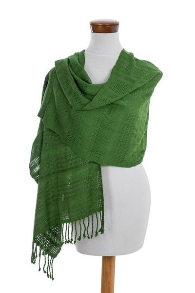 Alternate image for Guatemala Backstrap Handwoven Apple Green Rayon Shawl Bright Apple Green