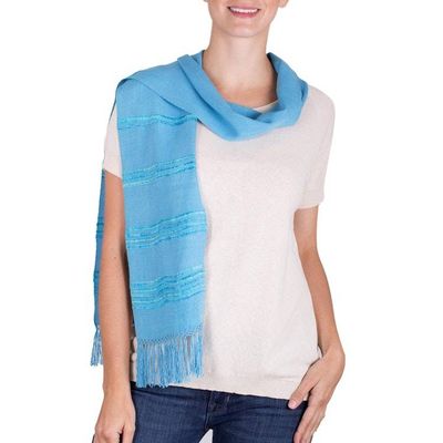 Alternate image for Handwoven Blue and Turquoise Rayon Fiber Scarf Mystic Maya Sky