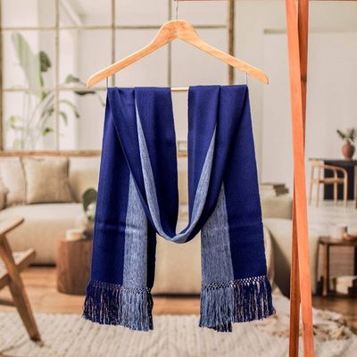 Alternate image for Hand-Woven Striped Fringed Rayon Scarf in Blue Shades Dual Elegance