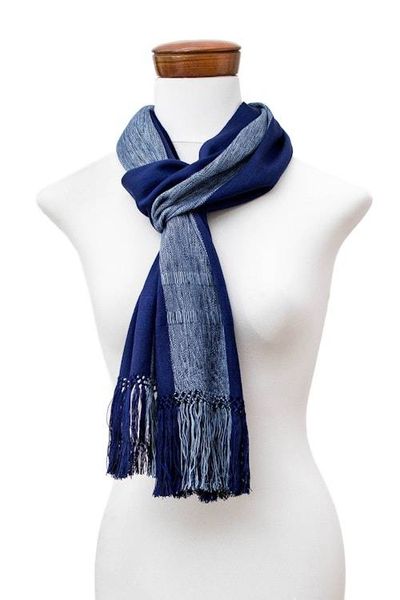 Alternate image for Hand-Woven Striped Fringed Rayon Scarf in Blue Shades Dual Elegance