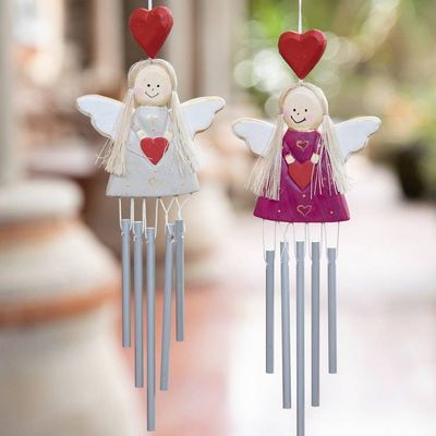 Alternate image for 2 Angel and Heart-Themed Wood and Natural Fiber Wind Chimes Twinning Hearts